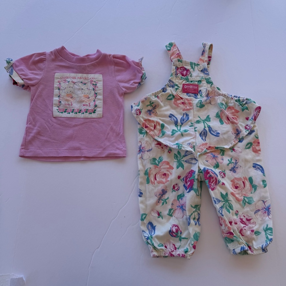 Vtg OshKosh B’gosh pink floral ballet bunny ruffle overalls with top 12 M USA